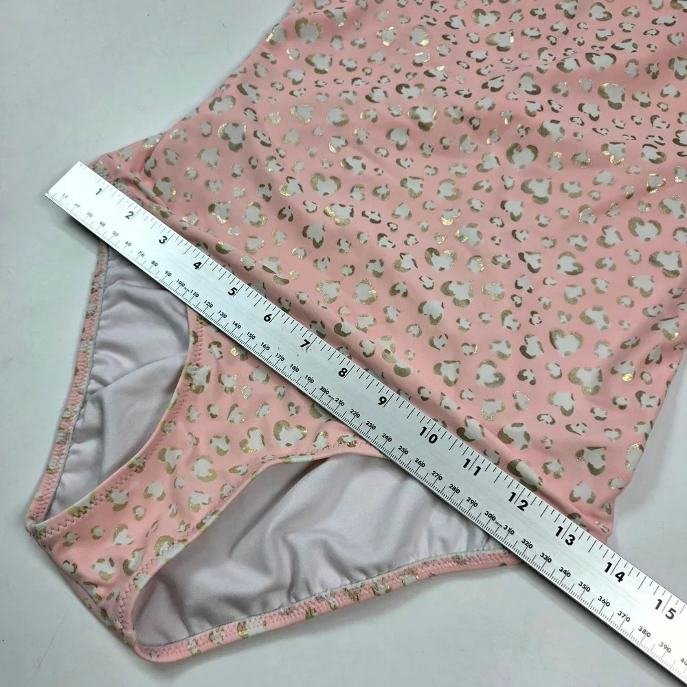 Sunuva One Piece Swimsuit Girls 13-14 Pink Metallic Gold Leopard Heart Ruffle